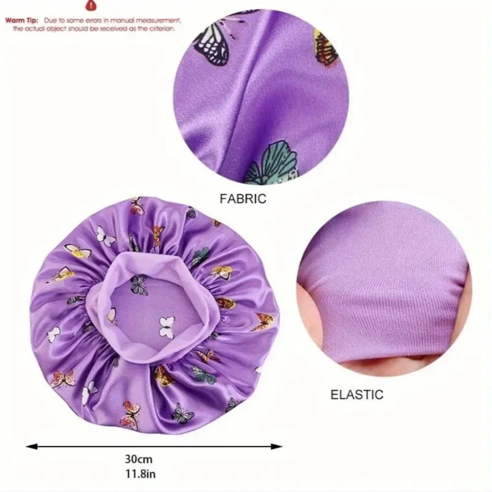 Butterfly Purple Satin Hair Bonnet wide band hair cap sleep hair protector